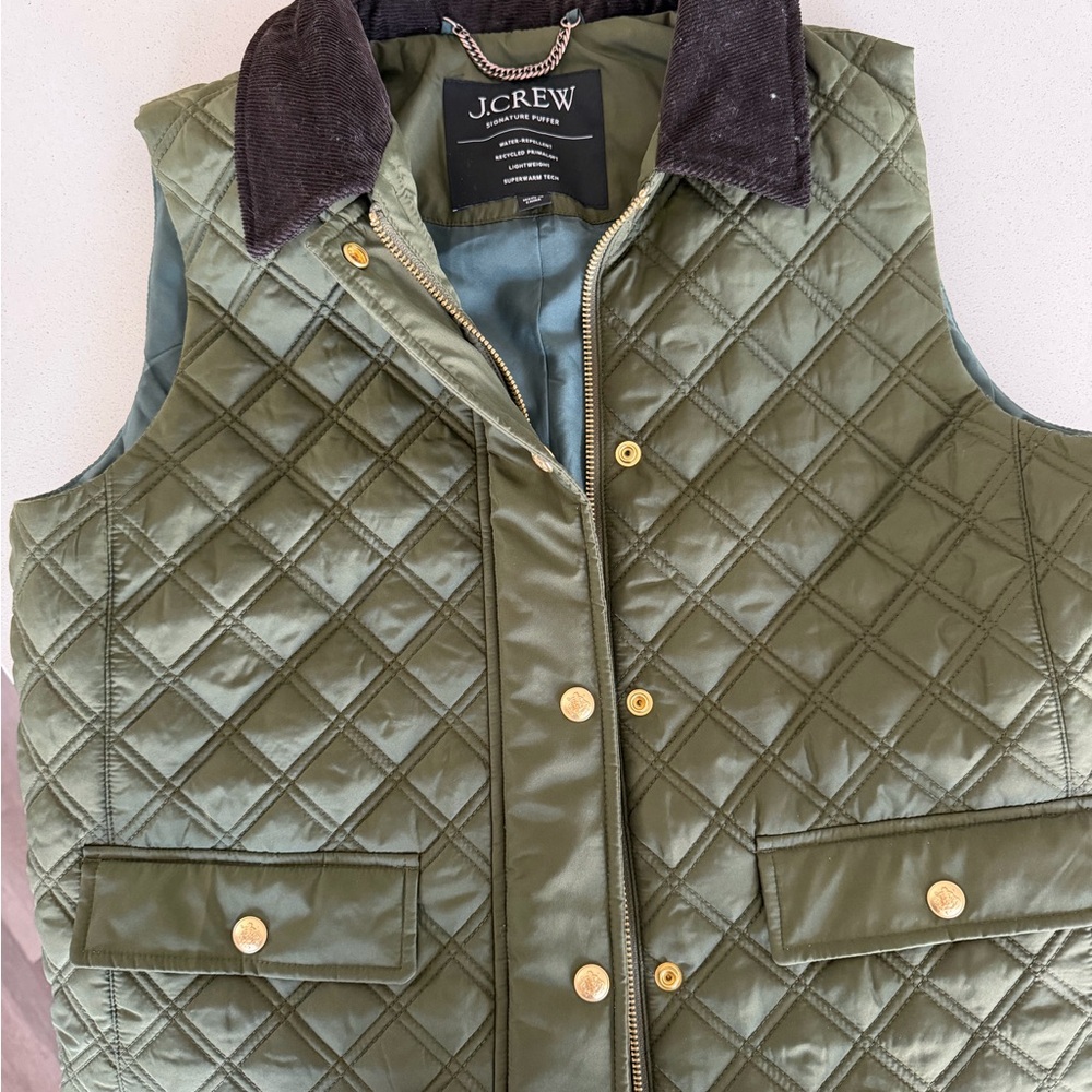 J. Crew Olive Green Quilted Vest with Dark Collar